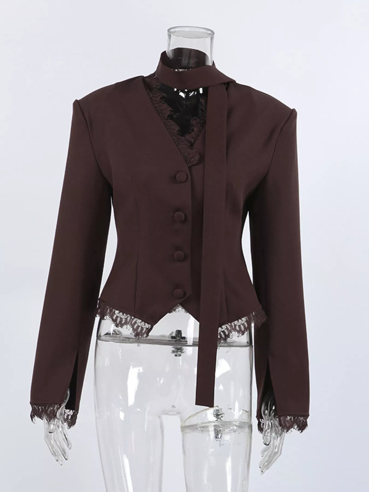 Lace trim button-up blazer from Trendsi featuring a tailored fit, lace accents, and classic lapel design.