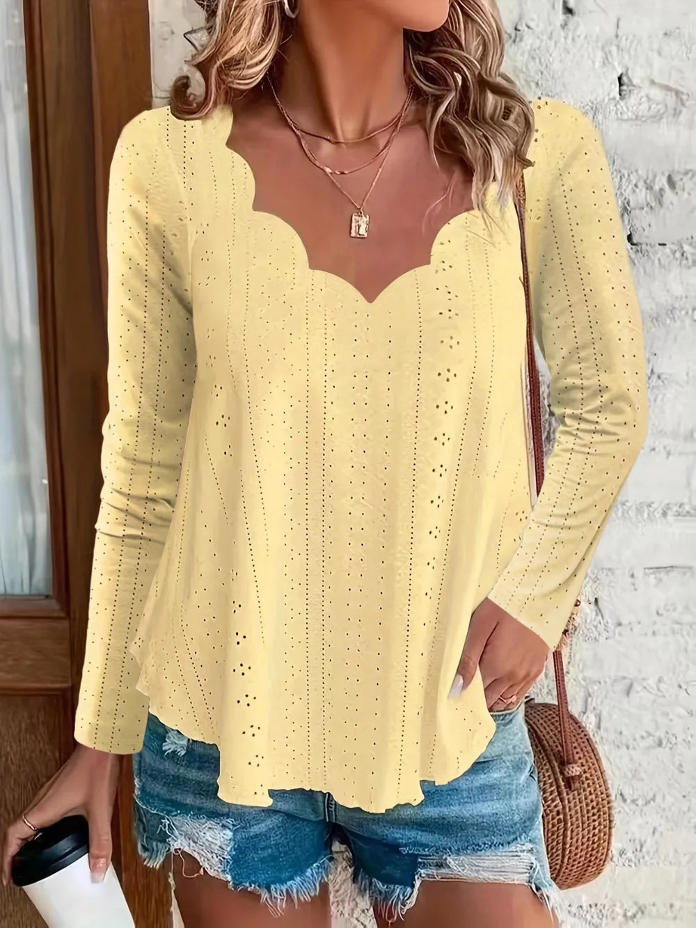 Elegant women's eyelet long sleeve blouse from Plush Fashion Hub, featuring stretchy fabric and versatile office top style.