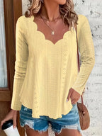 Elegant women's eyelet long sleeve blouse from Plush Fashion Hub, featuring stretchy fabric and versatile office top style.