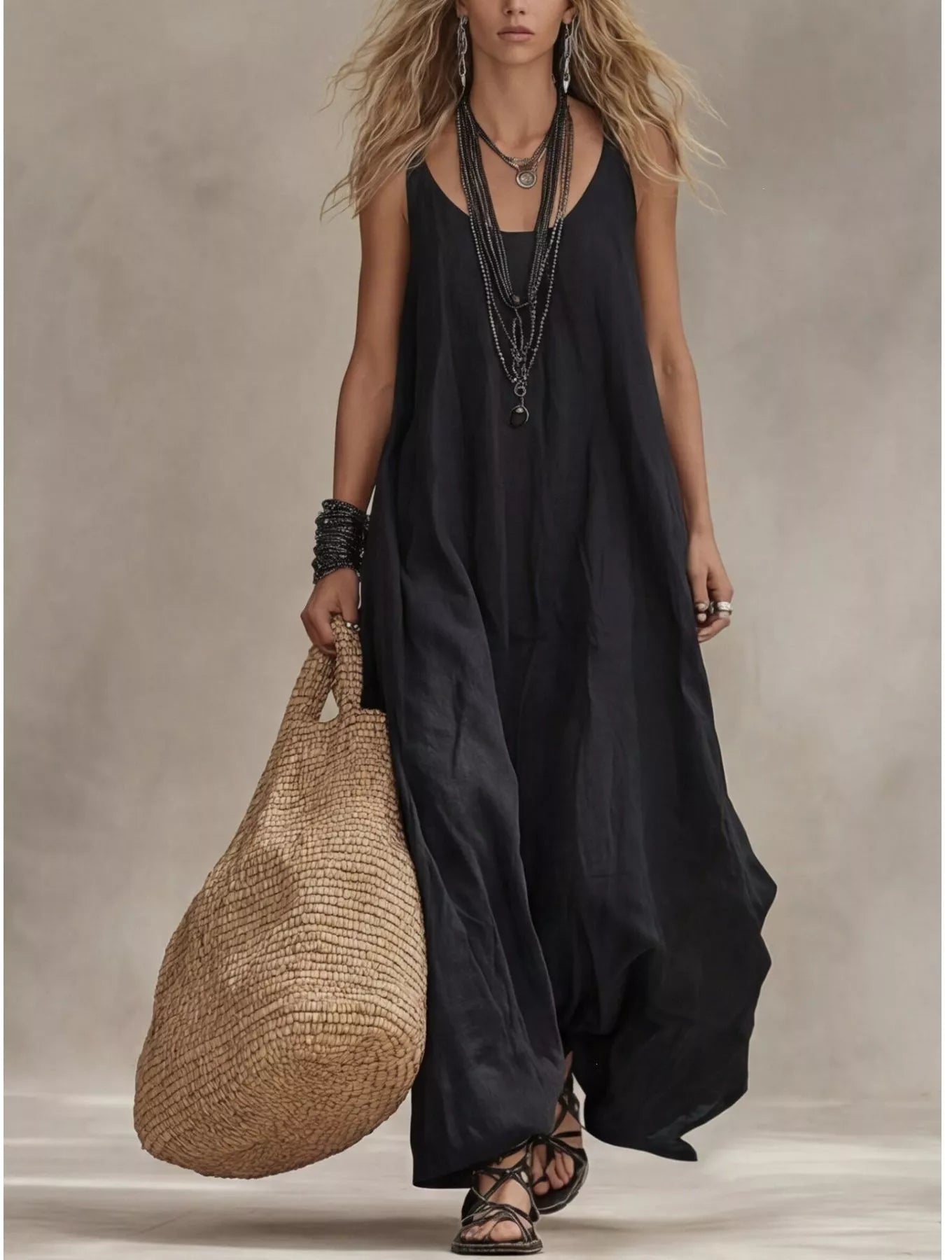 Plus size full-length scoop neck sleeveless maxi dress by Shopimist, flowing fabric and elegant style for warm weather wear.