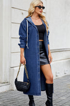 VYSN denim longline hooded outerwear with button-up long sleeves, relaxed fit, and stylish casual design.