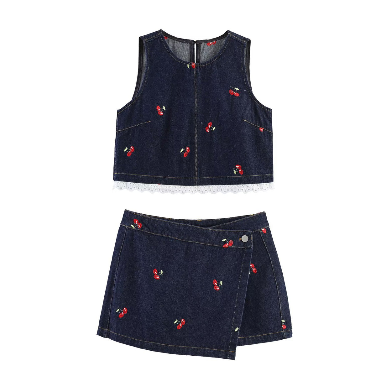 Dark blue denim two-piece outfit with cherry embroidery, featuring a sleeveless top with white lace hem and a wrap skirt.