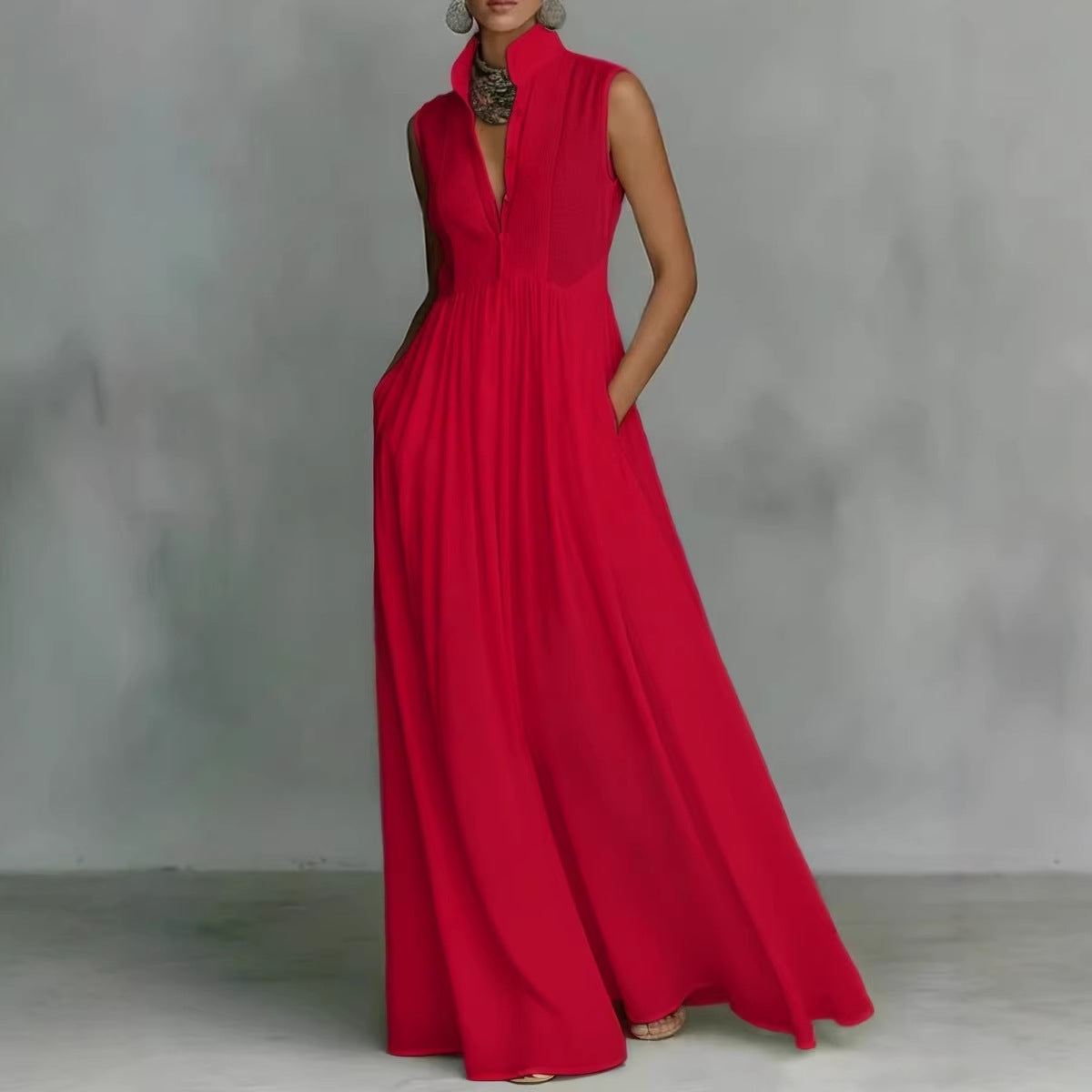 Women's French-style high-waist midi dress with ribbon tie, casualwear by Plush Fashion Hub, shown in a stylish front view.