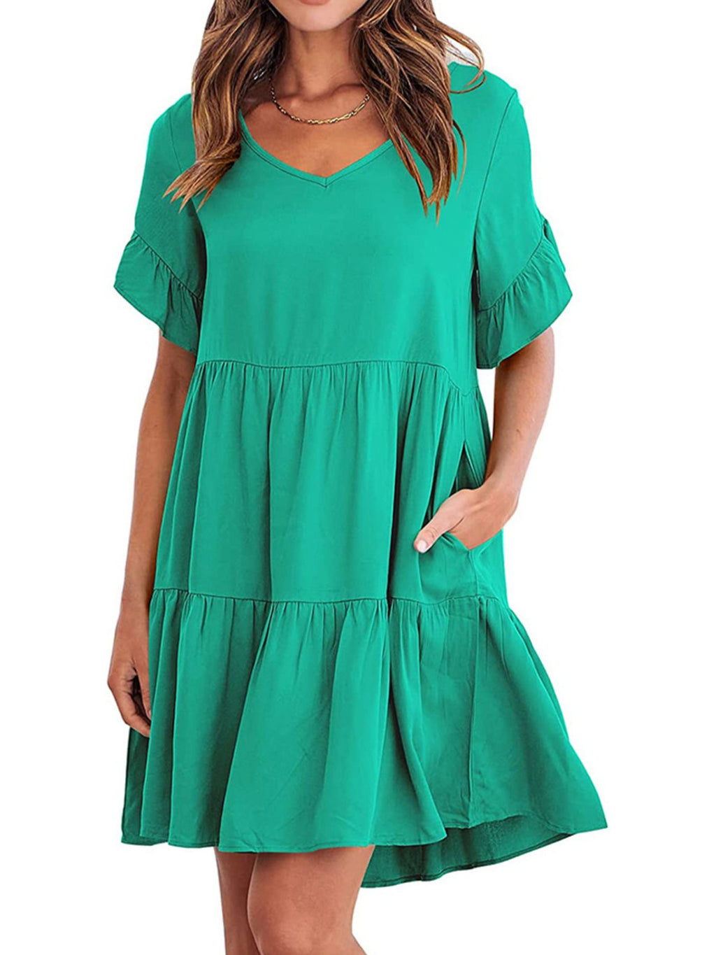 Lightweight rayon ruffled sleeve tiered mini dress with pockets, stylish and breezy, in a casual trendy design.
