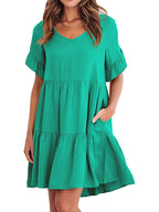 Lightweight rayon ruffled sleeve tiered mini dress with pockets, stylish and breezy, in a casual trendy design.