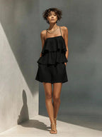 Women's multi-layer ruffle camisole and shorts set by FitiqueFit, casualwear with feminine ruffle details and comfortable fit.
