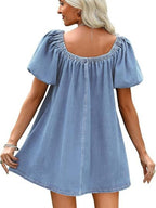 Women's off-shoulder tie-front denim mini dress from Trendsi, featuring casual chic summer style and a flattering fit.
