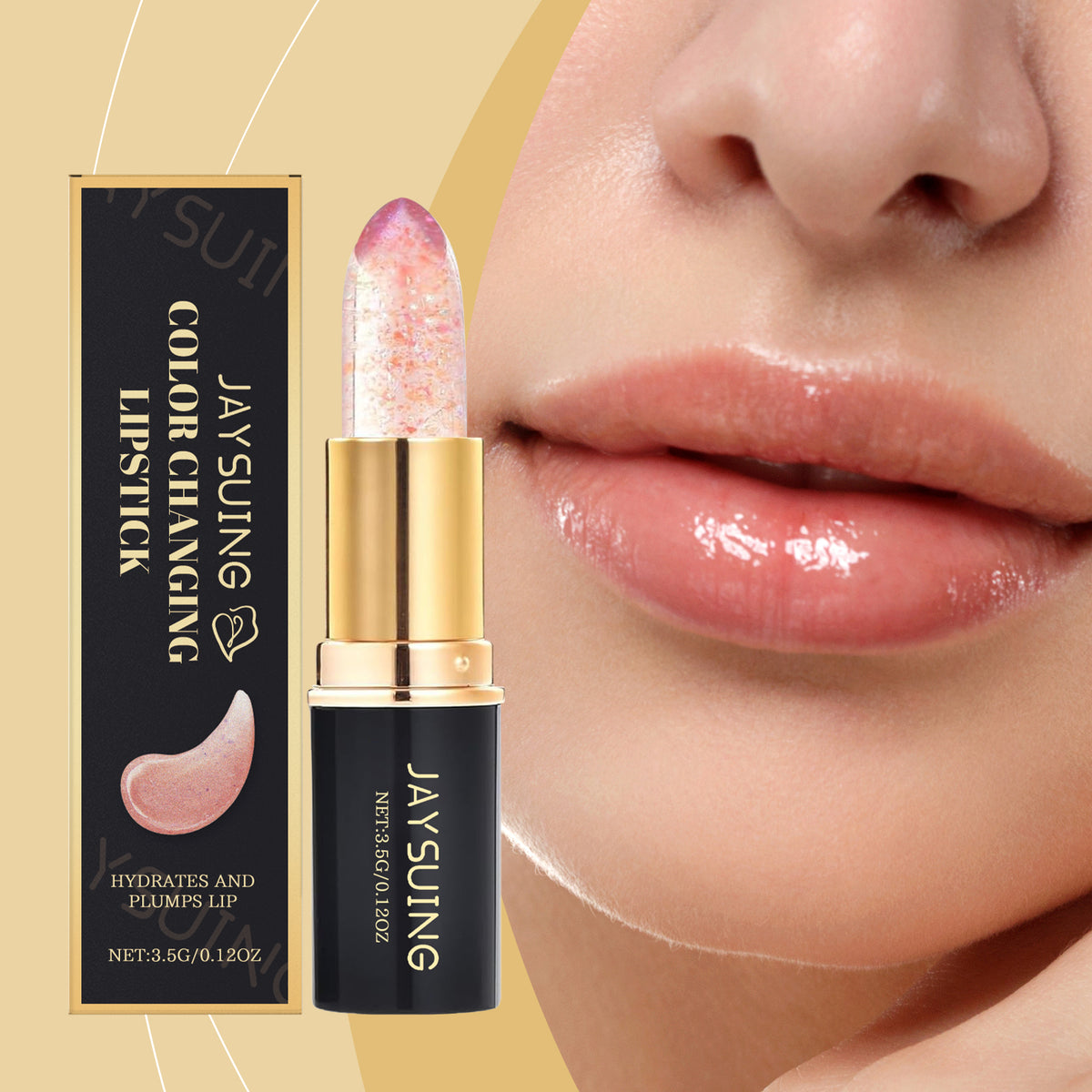 Clear, color-changing glitter lipstick with gold case next to its black box and a woman's glossy lips.