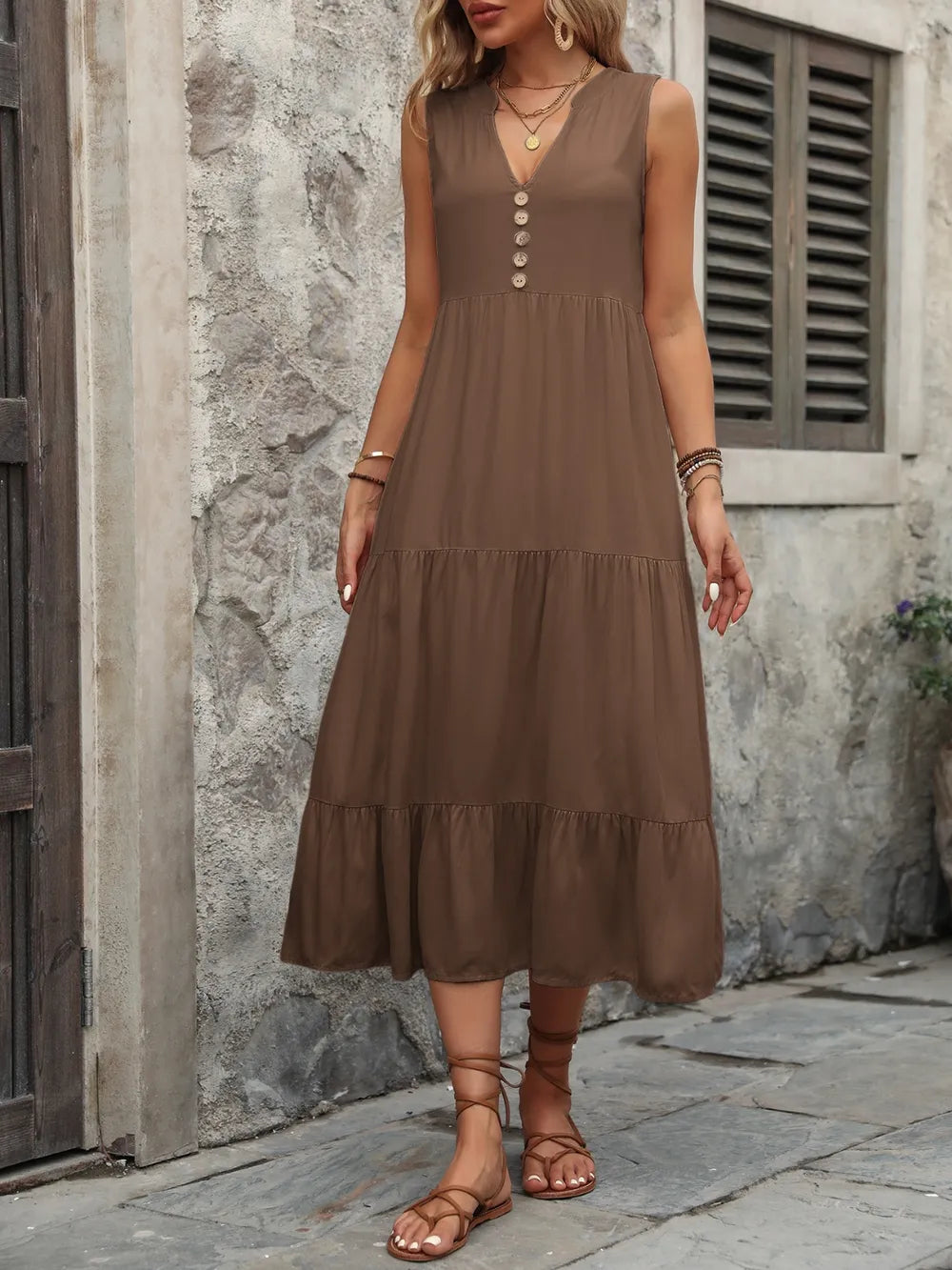 Ivy Lane women's sleeveless cotton button-down dress with notched neckline, displayed on a hanger, in a neutral setting.