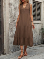 Ivy Lane women's sleeveless cotton button-down dress with notched neckline, displayed on a hanger, in a neutral setting.