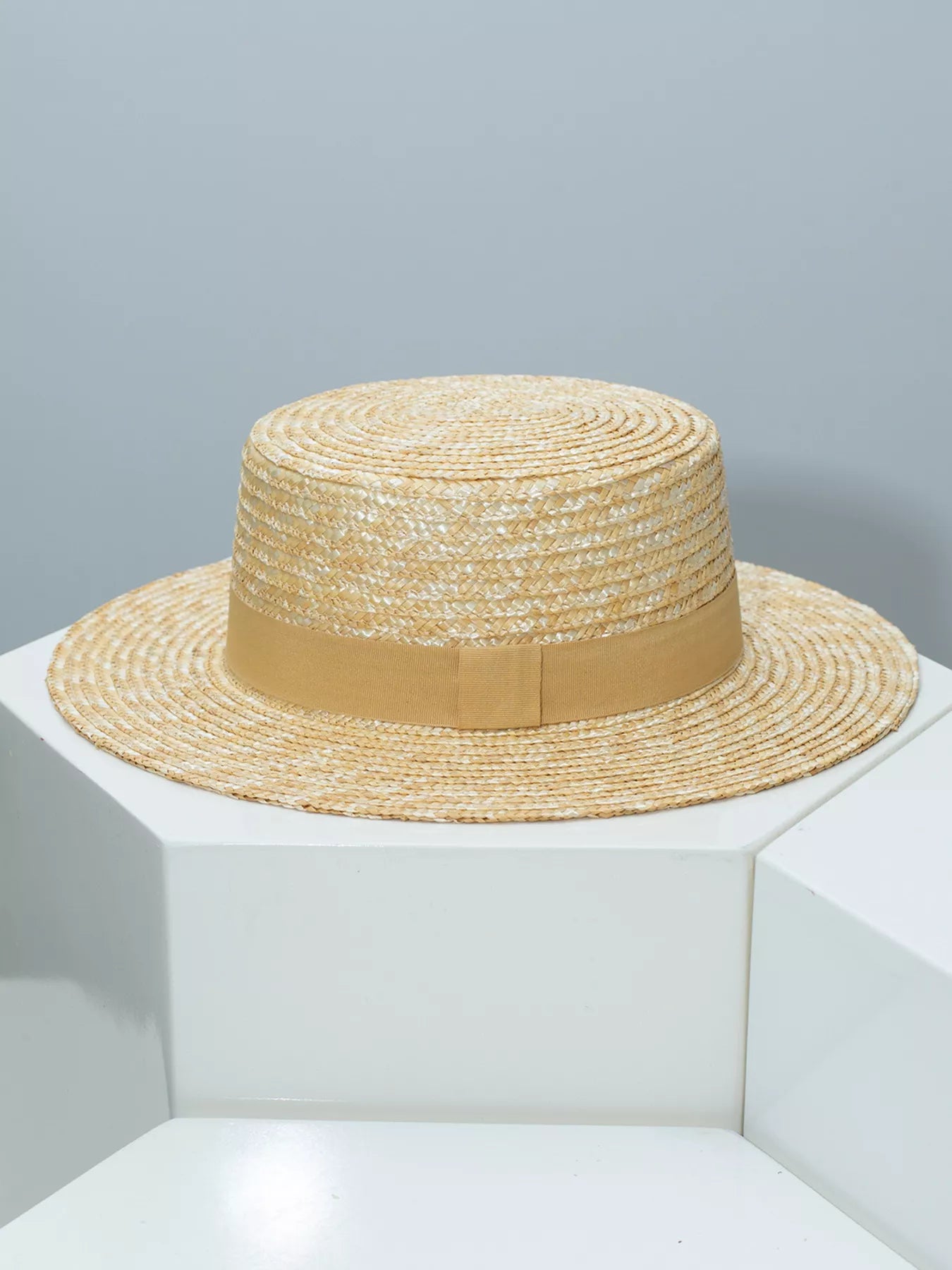 Plush Fashion Hub classic wheat straw boater hat with decorative ribbon, perfect elegant summer accessory.