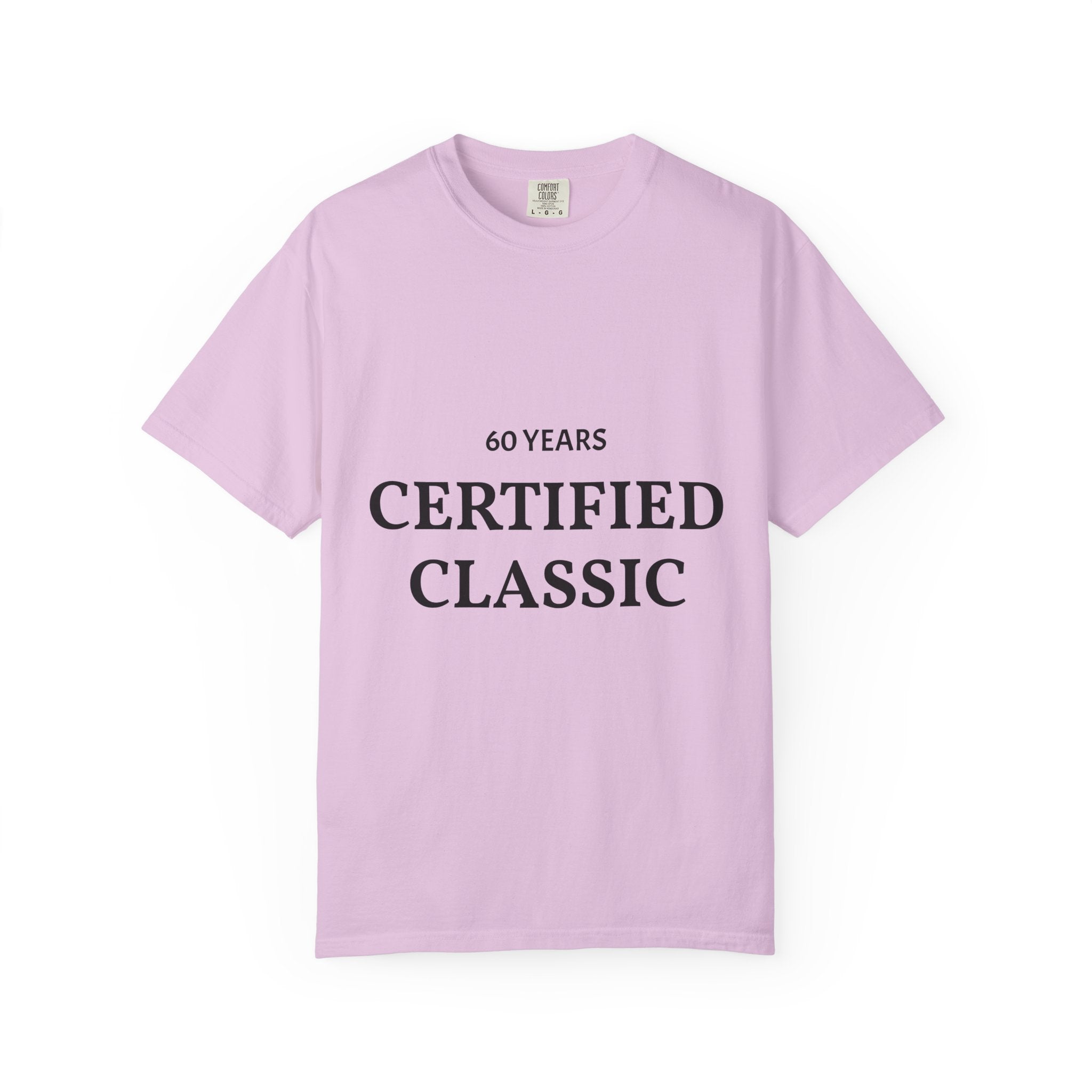 Certified Classic 60 Years T-Shirt by Printify showing a casual black T-shirt with a vintage 60th anniversary design.
