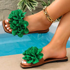 Floral embellished flat sandals from Plush Fashion Hub featuring colorful flower details and comfortable slip-on design.