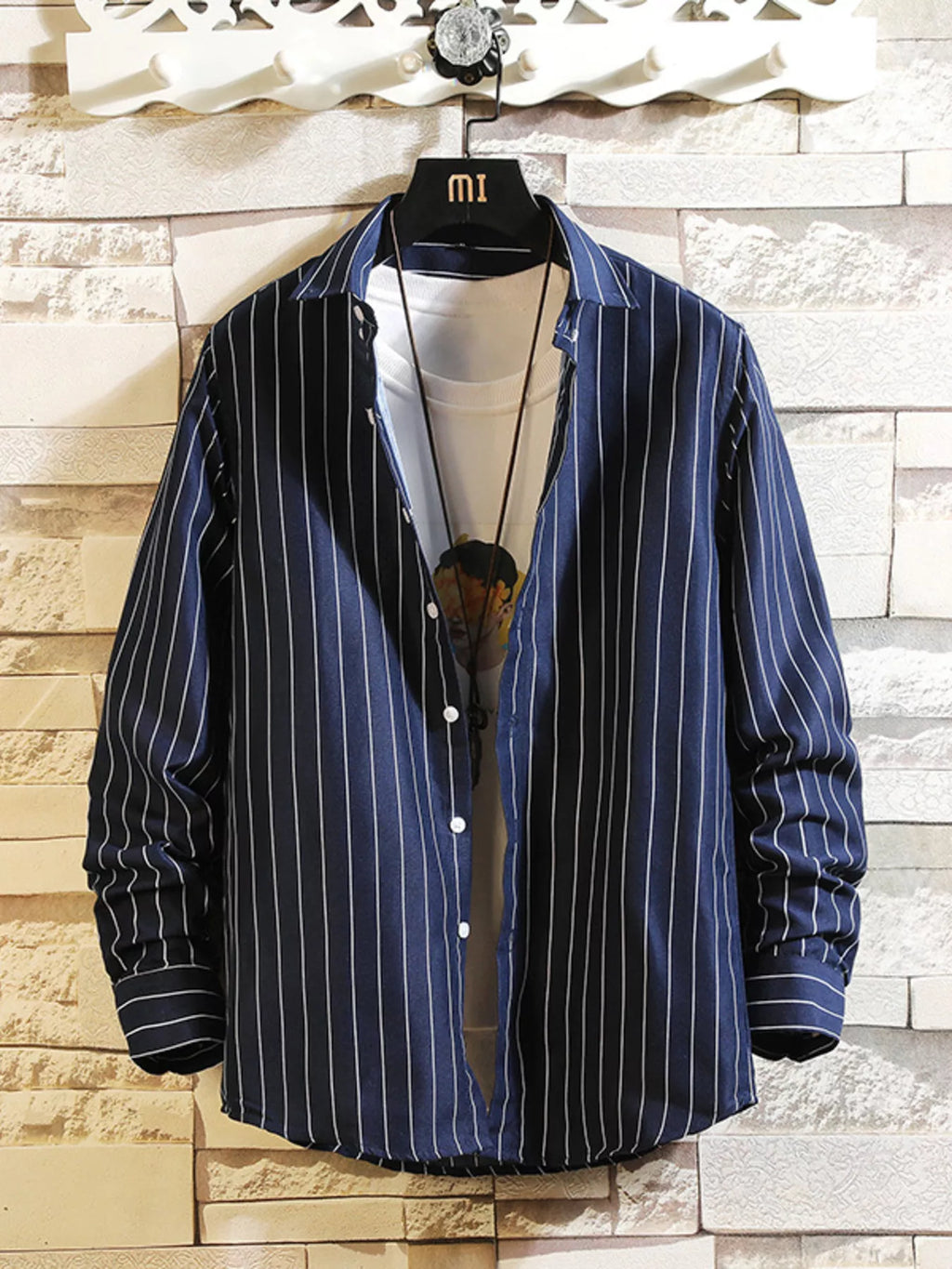 Men's plus size striped button-up casual shirt by Trendsi, featuring a classic design and comfortable fit.