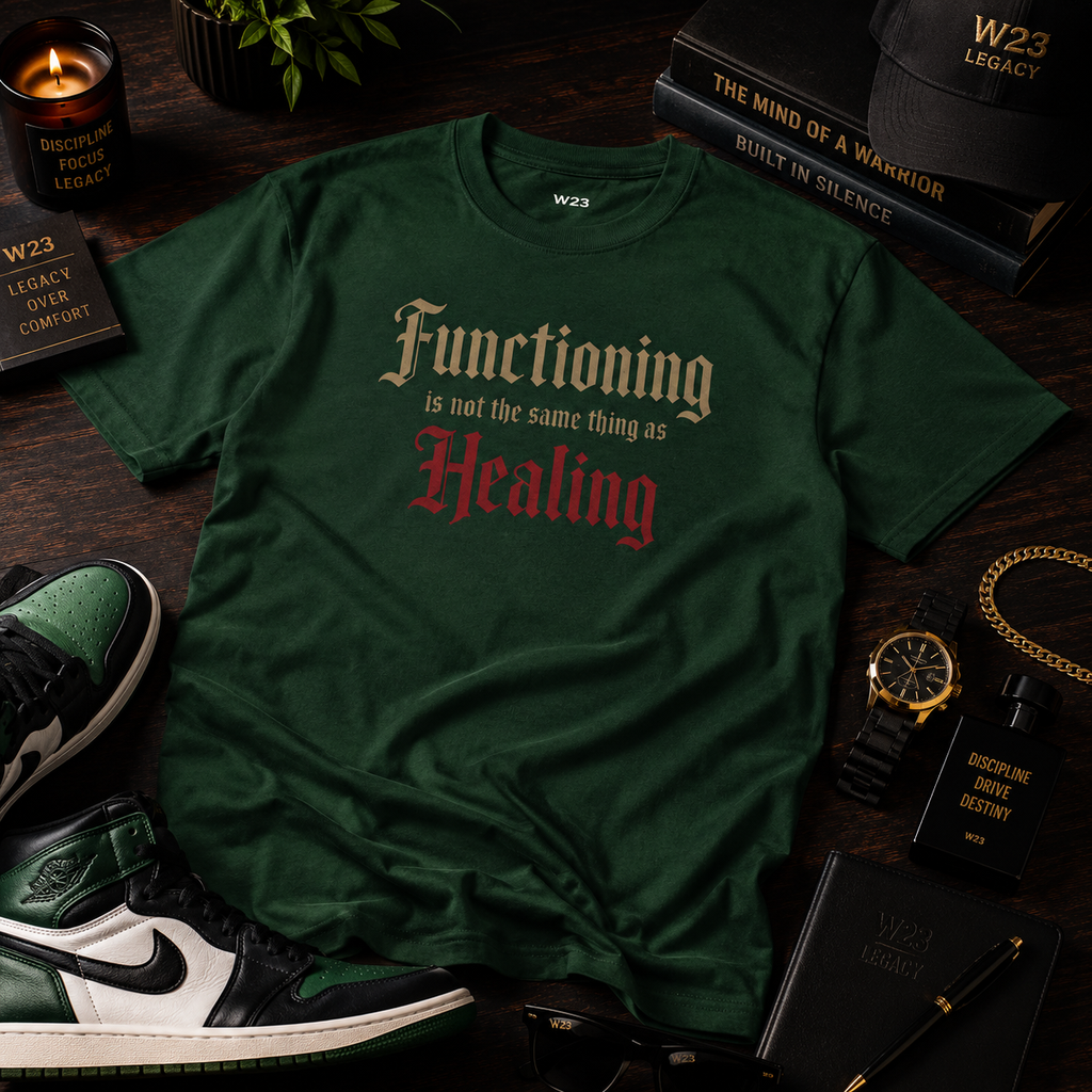 Wear Your Worship "Functioning Is Not the Same Thing as Healing" T-shirt, black cotton tee with white text.
