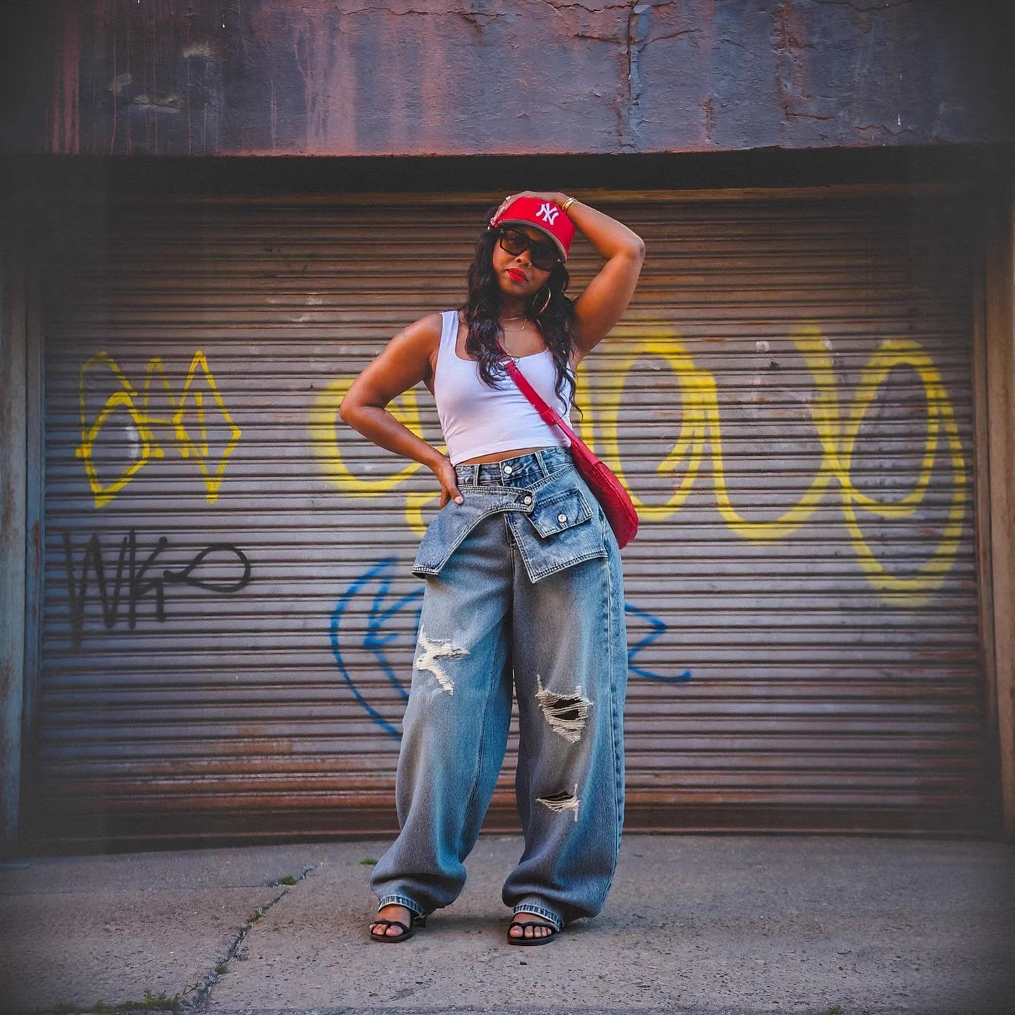 Plush Fashion Hub straight leg jeans with layered waist and ripped details, casual denim pants for a trendy look.