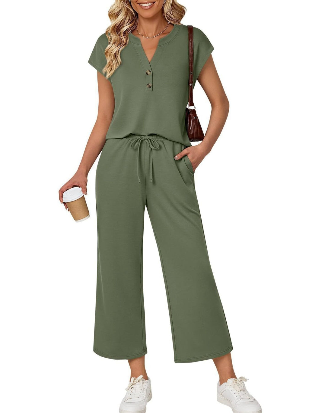 Women's trendy notched short sleeve lounge set with pockets, featuring a comfortable 2-piece design by Trendsi.