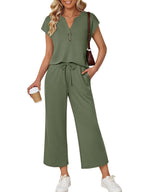 Women's trendy notched short sleeve lounge set with pockets, featuring a comfortable 2-piece design by Trendsi.