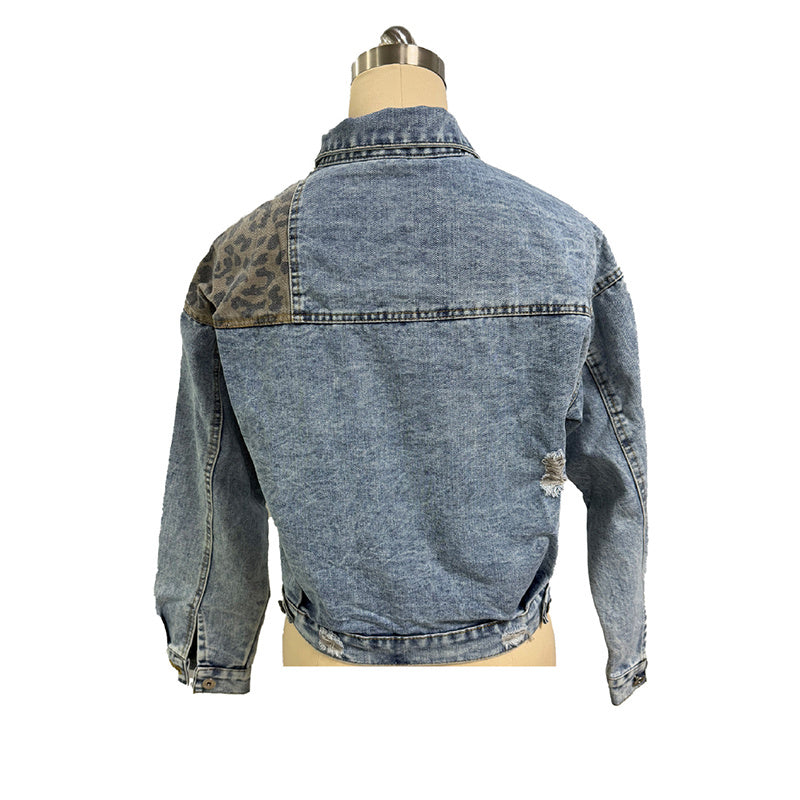 Women's cropped distressed denim jacket by FitiqueFit, casualwear style with frayed edges and button-front design.