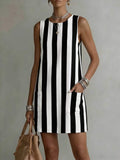 Women's striped color-block sleeveless mini dress from Plush Fashion Hub, casual loose-fit with vibrant pattern and comfortable fit.