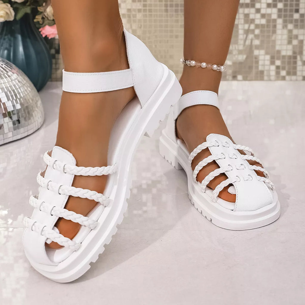 Shopimist round toe platform sandals with chunky soles and ankle straps, stylish footwear for casual or summer wear.