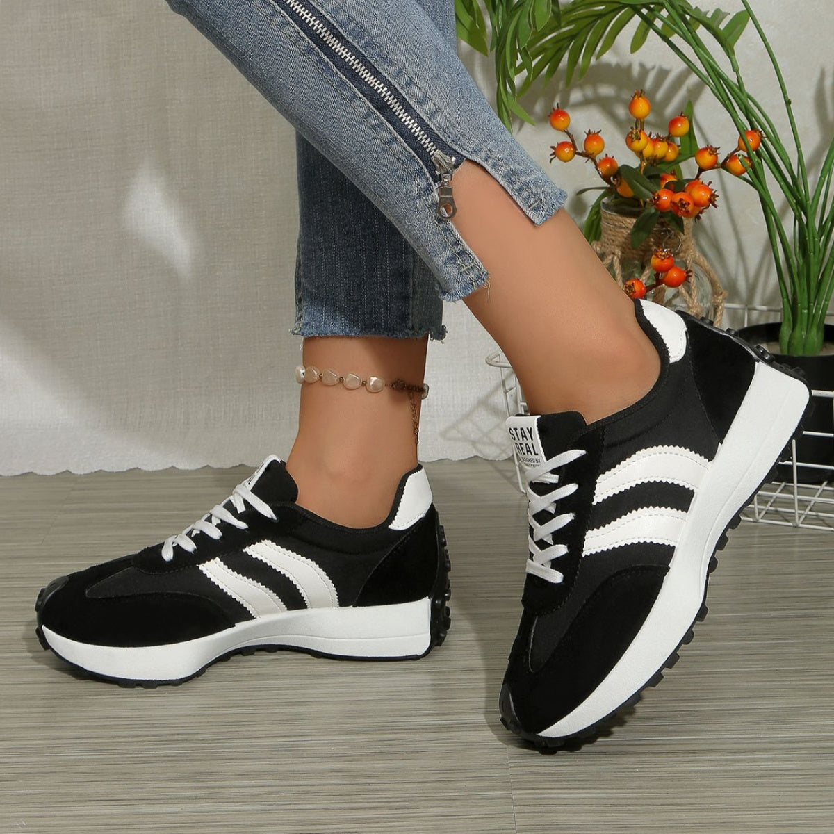 Women's round toe lace-up flat sneakers by Plush Fashion Hub with comfortable PU leather, casual style, and versatile design.