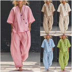 V-neck short sleeve top and high-waist trousers two-piece set by Plush Fashion Hub, stylish and comfortable for everyday wear.
