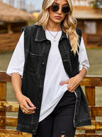 VYSN button down denim vest with classic collar and front buttons, casual fashion clothing for stylish layered looks.