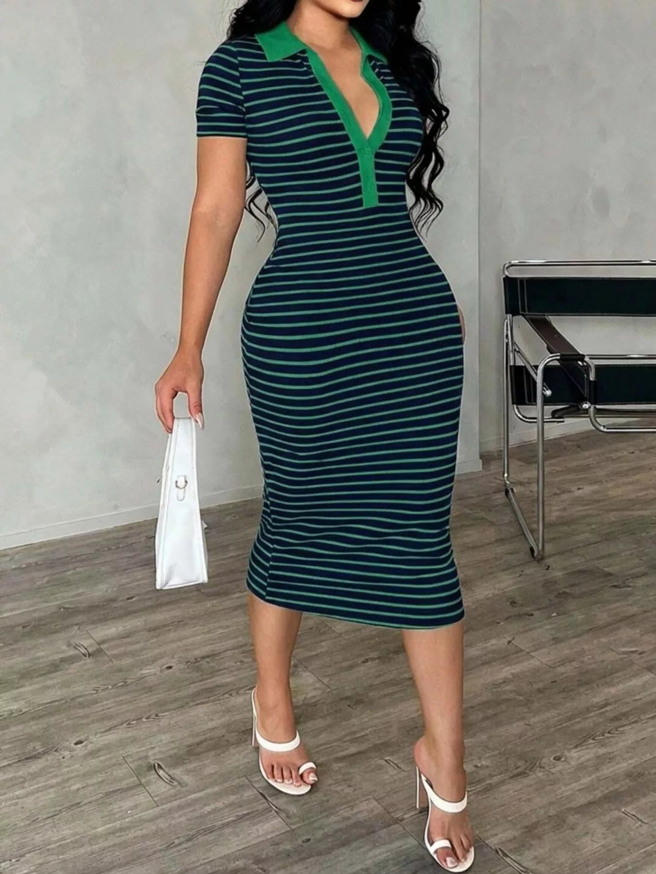 Striped polo collar midi dress by Shopimist featuring a fitted silhouette and short sleeves, styled with a casual, summery look.