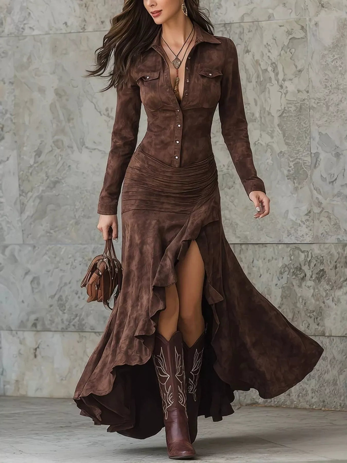 Plus size high-low maxi dress with long sleeves by Trendsi, featuring a flowing design and elegant style.