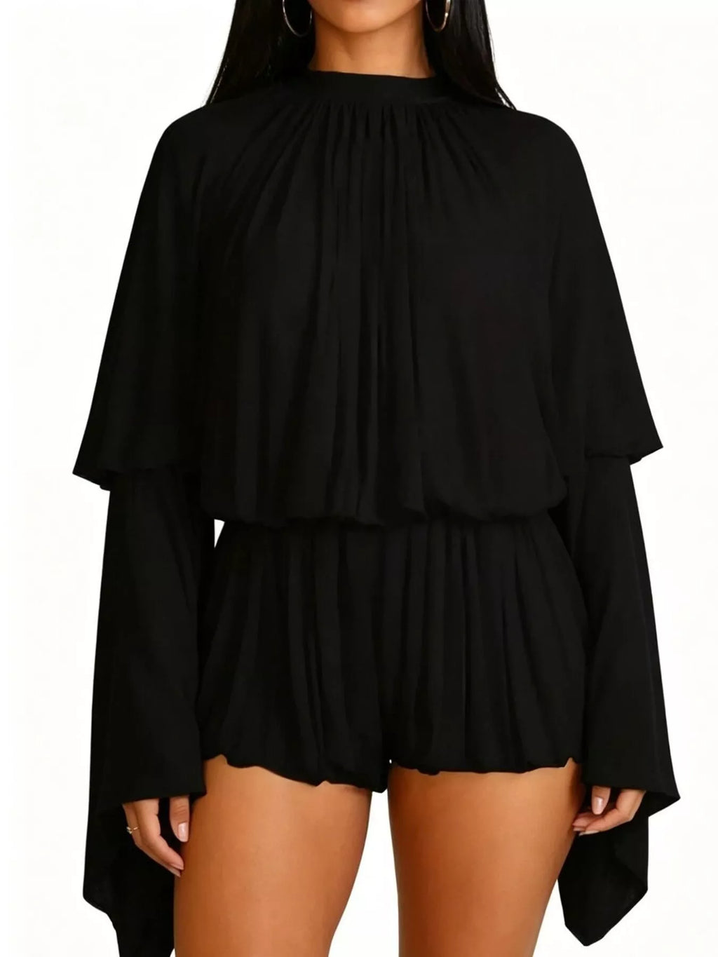 Trendsi pleated long sleeve top and skirt set, stylish matching skirt with pleats, worn by a model in a fashion photoshoot.
