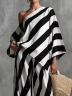 Shopimist plus size one-shoulder striped top and wide-leg pants set, casual and stylish outfit for modern fashion.