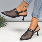 Women's mesh pointed toe kitten heel sandals by Trendsi, featuring elegant chic footwear design with a stylish open-toe style.