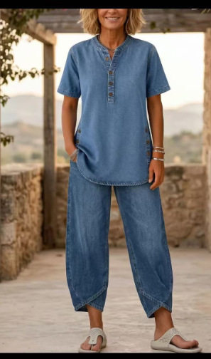 Women's lapel button-up top and pants two-piece set with three-quarter sleeves, stylish and comfortable from Plush Fashion Hub.