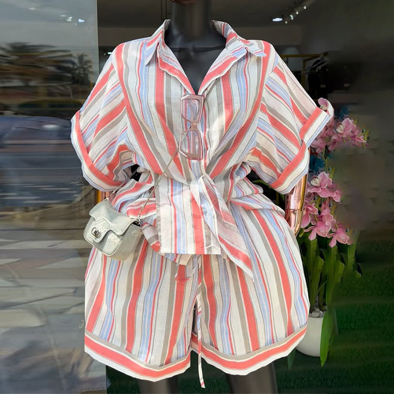 Coastal Chic striped shirt and lace-up shorts set from Plush Fashion Hub, casual summer tops with a breezy, stylish look.
