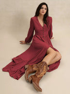 Plus size V-neck balloon sleeve maxi dress by Shopimist featuring a flowing silhouette and elegant design.