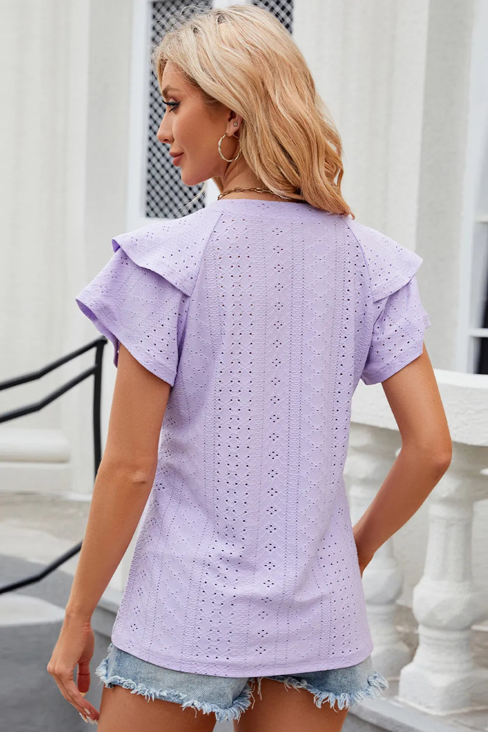 Trendsi eyelet notched flutter sleeve T-shirt, casual tops with airy flutter sleeves and stylish eyelet details, front view.