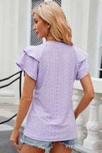 Trendsi eyelet notched flutter sleeve T-shirt, casual tops with airy flutter sleeves and stylish eyelet details, front view.