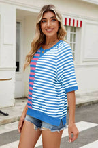 Striped round neck half-sleeve T-shirt from Trendsi, casual tops with a colorful striped pattern and comfortable fit.