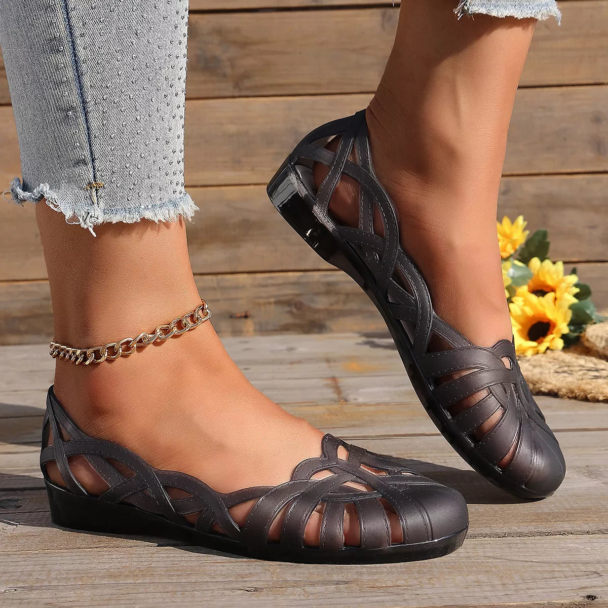 Trendsi round toe flats sandals in neutral color, showcasing comfortable footwear with a simple, stylish design.
