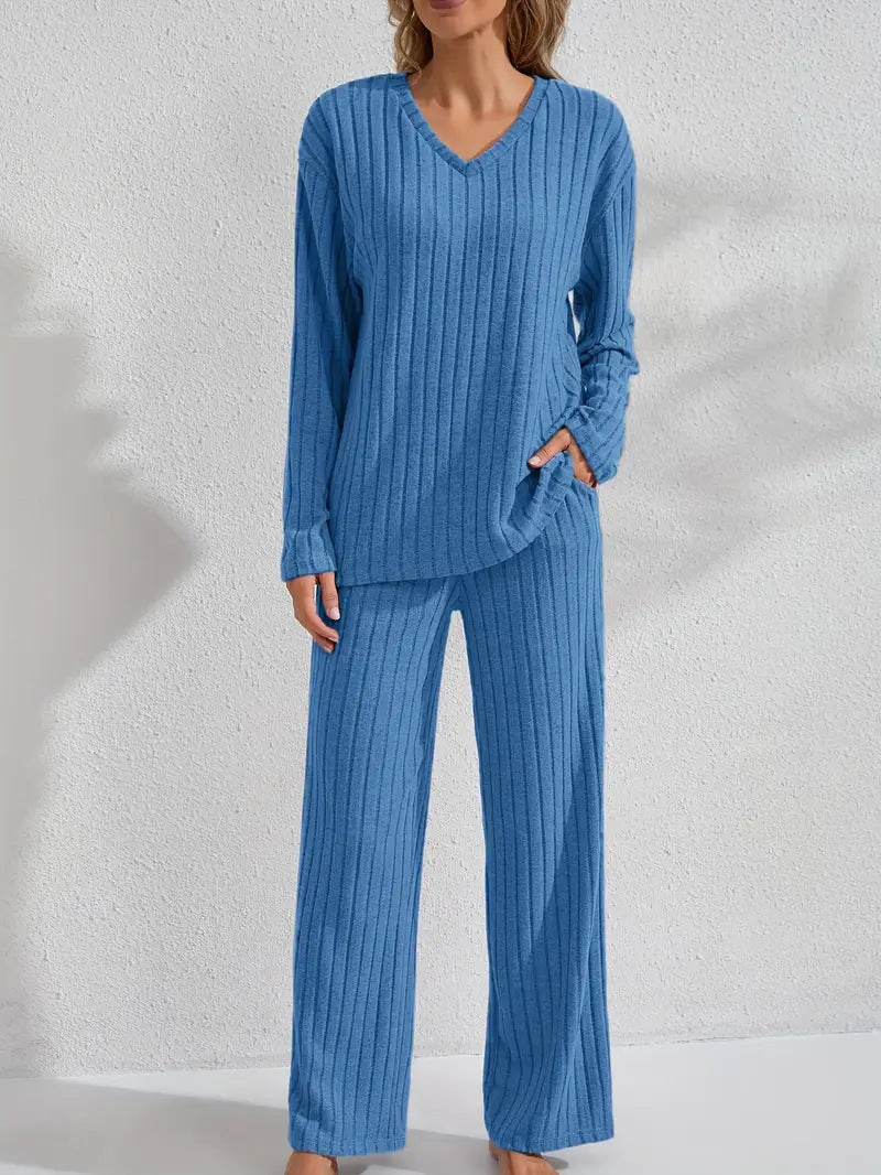 Women’s ribbed long sleeve top and pants loungewear set by FitiqueFit, featuring a casual, comfortable ribbed knit fabric.