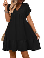 Women's casual V-neck mini dress with ruffle hem and ruched detailing, trendy and comfortable for everyday wear.