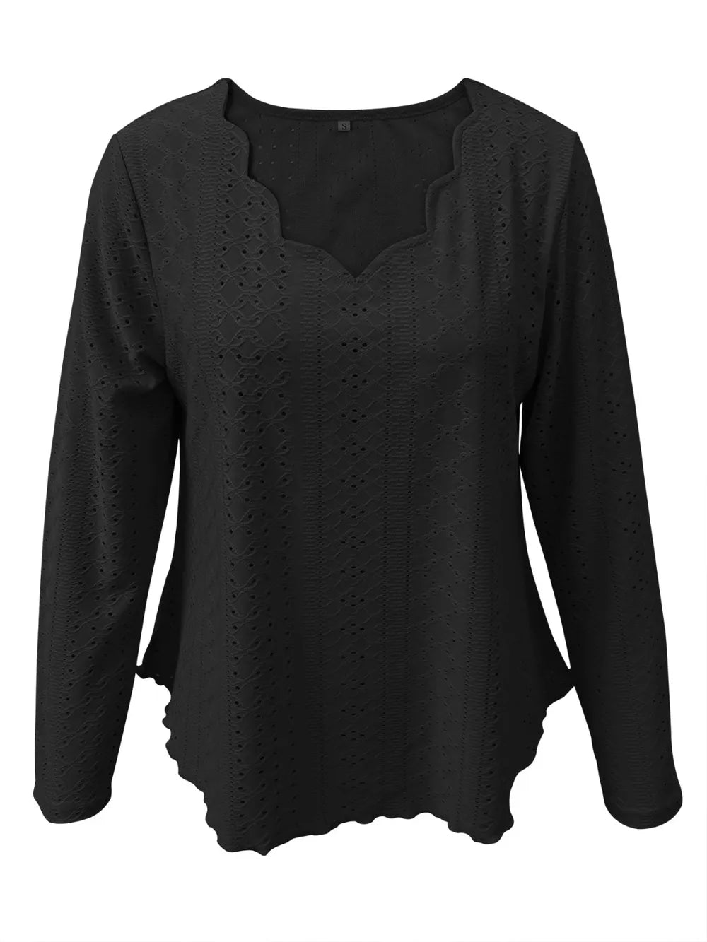 Elegant women's eyelet long sleeve blouse by Plush Fashion Hub featuring a versatile, stretchy office top design.