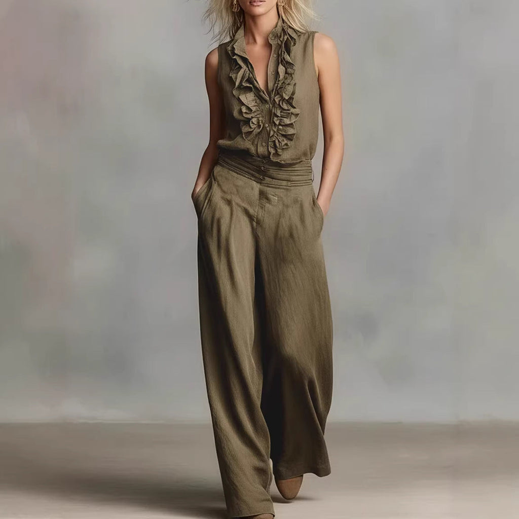 Women’s linen blend two-piece casualwear set by FitiqueFit, sleeveless shirt with wide-leg pants, lightweight and comfortable.