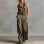 Women’s linen blend two-piece casualwear set by FitiqueFit, sleeveless shirt with wide-leg pants, lightweight and comfortable.