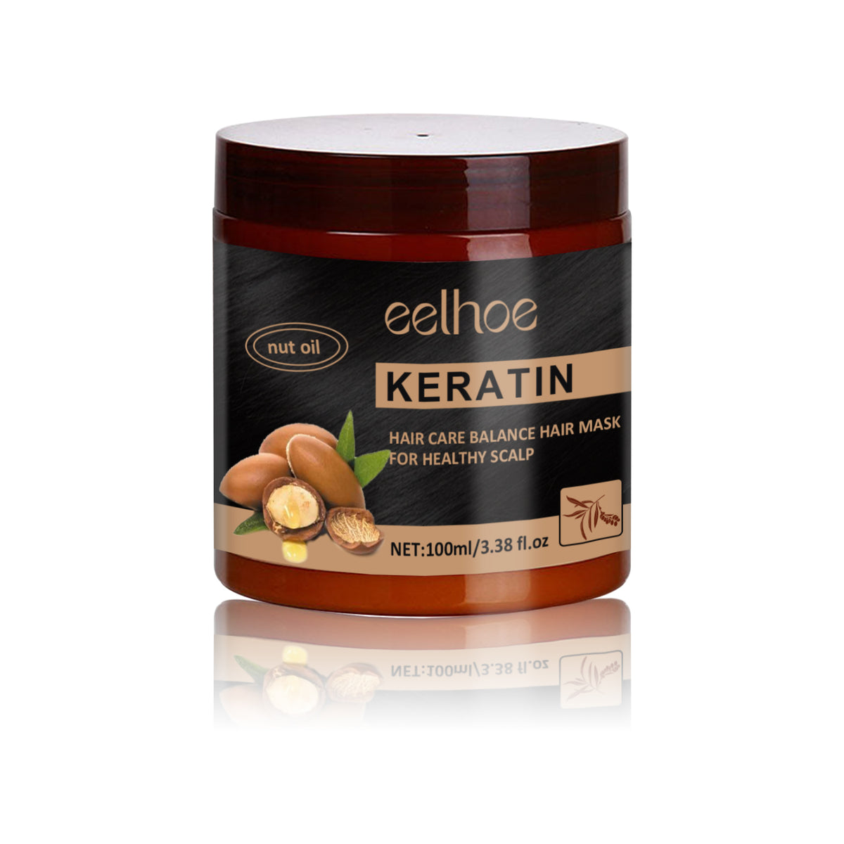 A brown plastic jar of Eelhoe Keratin hair mask with a black label, nut oil graphic, and white text.