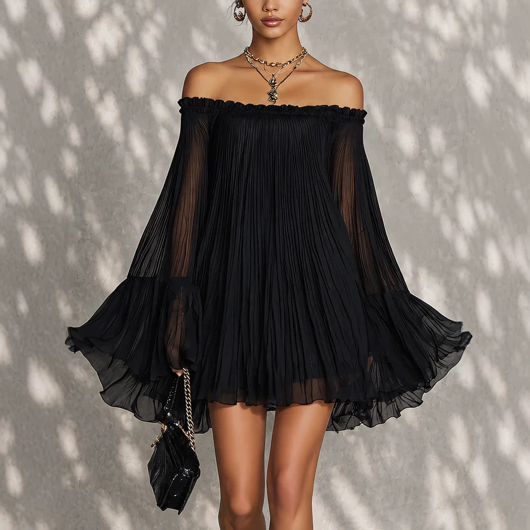 Elegant black off-shoulder backless pleated mini dress with lantern sleeves by eprolo, featuring a stylish and sophisticated design.