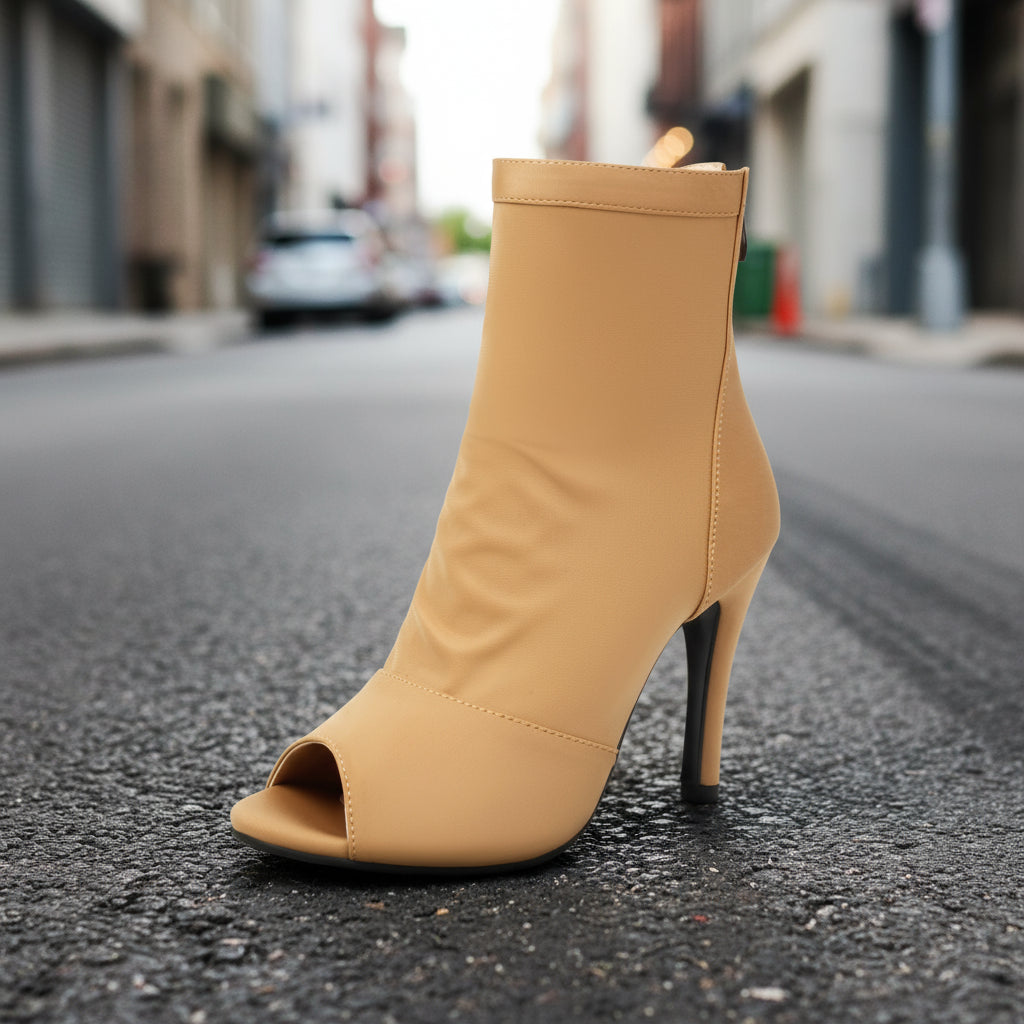 Women's peep toe stiletto boots by Plush Fashion Hub featuring high heels and fishmouth design, stylish footwear for women.