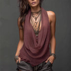 Women's slim-fit knit top with halterneck and V-neck, backless casualwear in beige from Plush Fashion Hub.