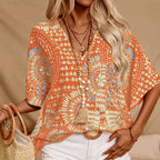 Mandala print V-neck blouse by FitiqueFit, casual vacation top with relaxed fit and vibrant pattern, suitable for warm-weather wear.
